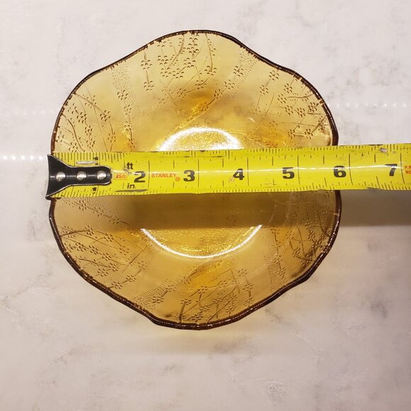 Pasabahce Vintage Amber Glass Bowl that has Embossed Flowers & Scalloped - Picture 6 of 7